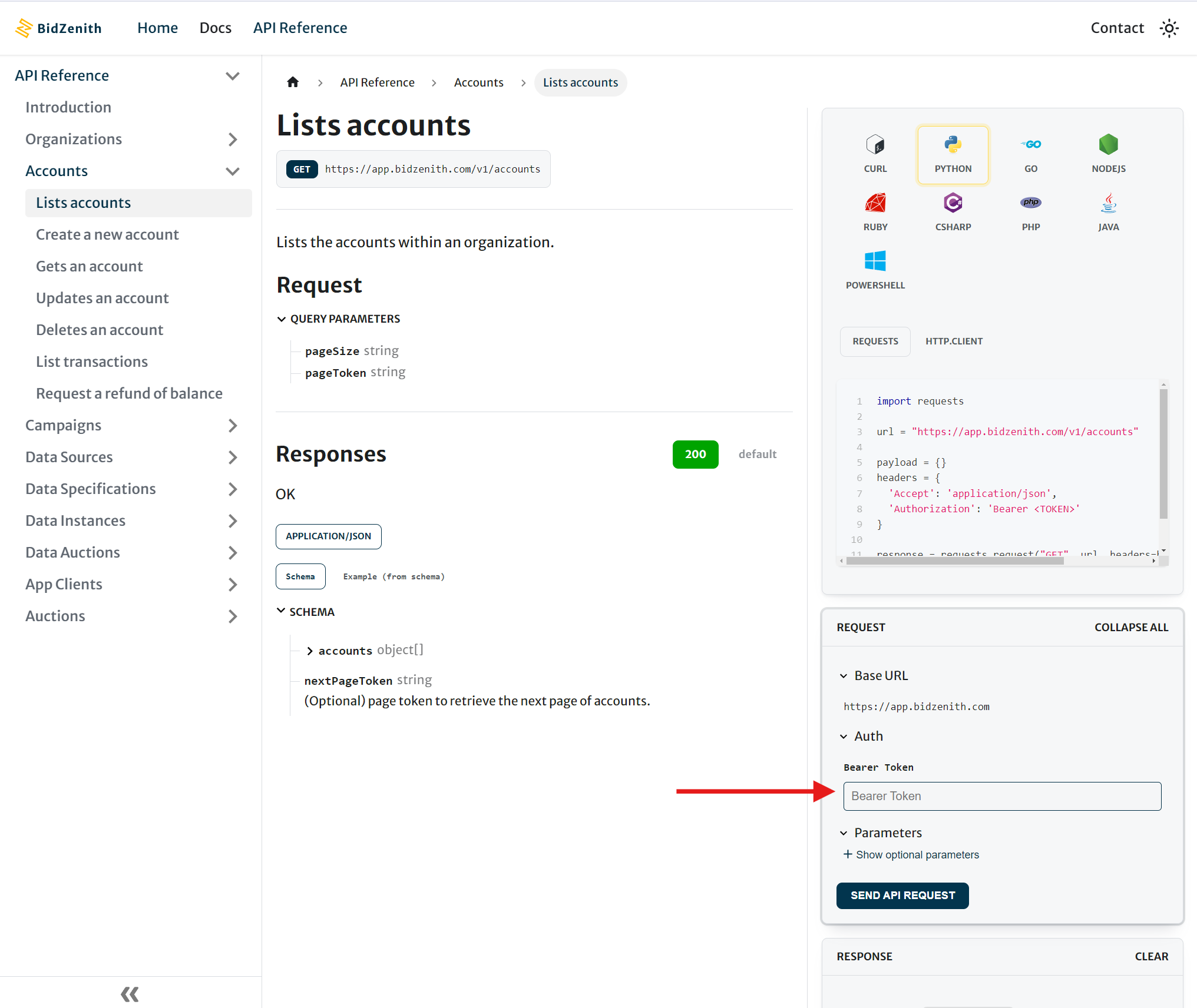 API example using Bearer token