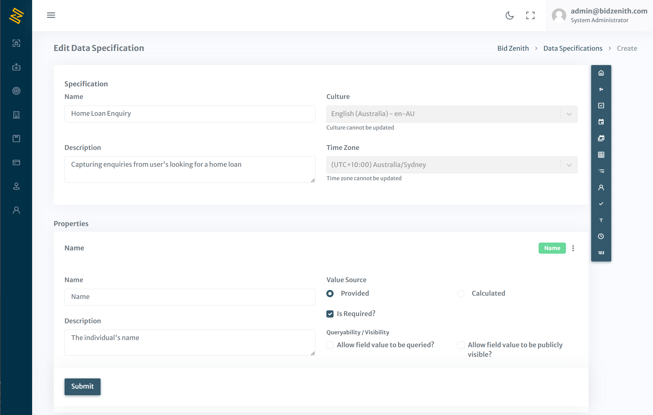 Edit Data Specification page on the BidZenith platform